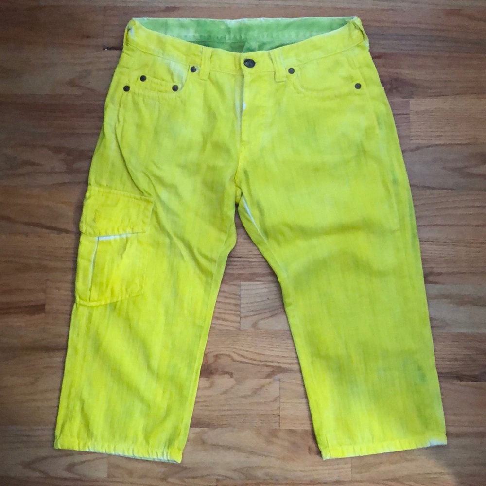 Cargo Jean shorts in neon yellow and hand painted in Size 32